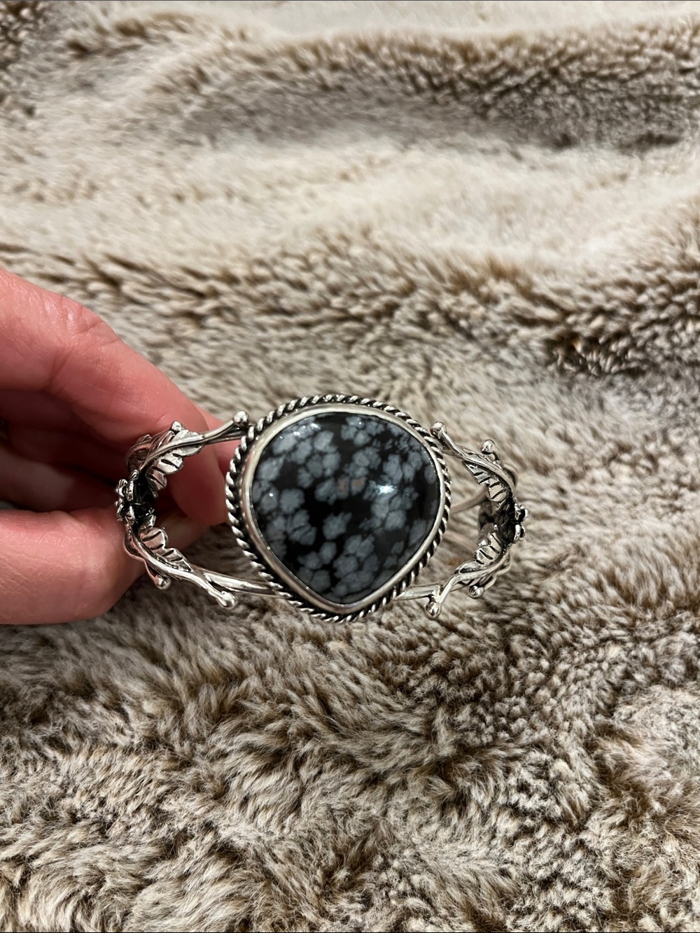 Snowflake Obsidian Silver Vine Cuff Bracelet - Black and Gray